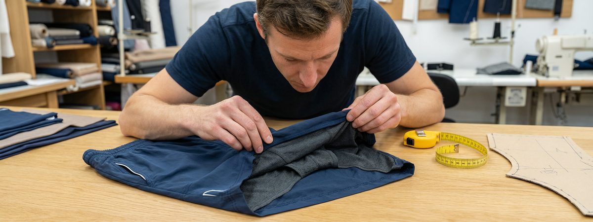 Caucasian European-American male developer inspecting the split hem and side vent of a running short with the woven outer shell lifted to show the built-in knit brief liner and flatlock seams