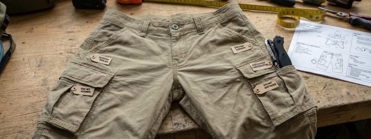 Flat-lay photo of khaki tactical cargo shorts with each pocket called out by numbered tags including slash hand pockets, bellow cargo pockets, a knife pocket, rear welt pockets and a hidden cash pocket