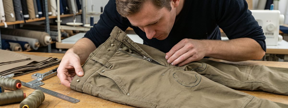 Caucasian European-American male sample room technician inspecting bar tacks at pocket corners, double-needle side seam stitching, a horseshoe gusset panel and a YKK zip on tactical cargo shorts