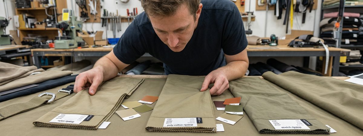 Caucasian European-American male product developer comparing nylon ripstop, poly-cotton ripstop and stretch ripstop swatches with GSM and denier spec tags, khaki and coyote colour chips and D-ring and webbing hardware on the table