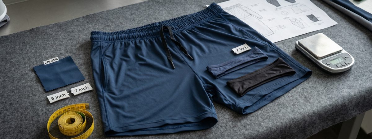 Flat-lay photo of navy training shorts beside a printed tech pack sheet, with a GSM-tagged fabric swatch, 5 inch and 7 inch inseam markers, brief and compression liners, and an elastic drawcord waistband