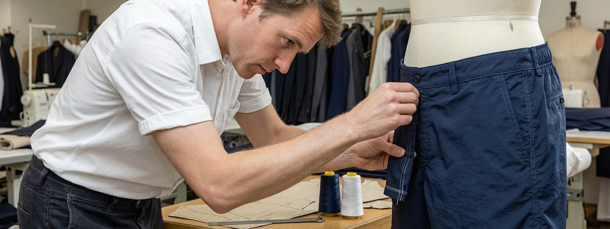 Sample room technician inspecting flat-lock seams and pinning an inseam hem on navy training shorts over a mannequin, with seam gauge and paper pattern piece on the table