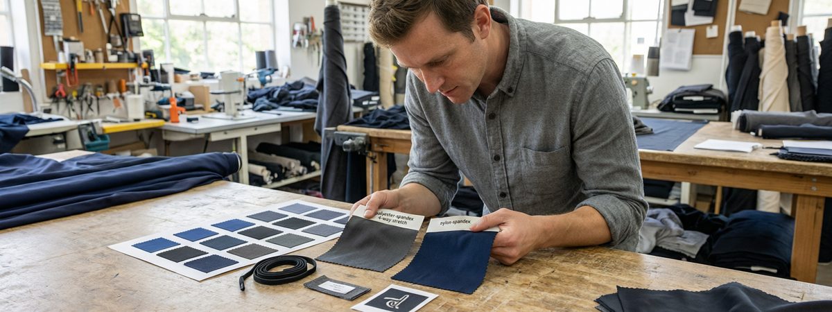 Product developer comparing polyester-spandex and nylon-spandex swatches with a colour chart in navy, black and charcoal, elastic drawcord, woven label and printed logo sample on a sourcing table