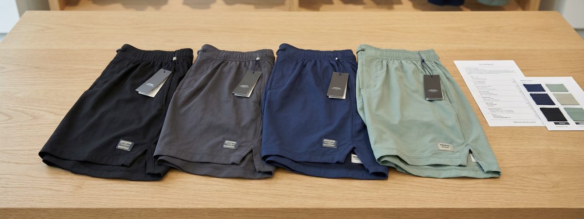 Merchandising flat-lay of a coordinated summer shorts collection with folded pairs in black, charcoal, navy and sage green, each with a hang tag and woven label, colour swatch card and printed line sheet