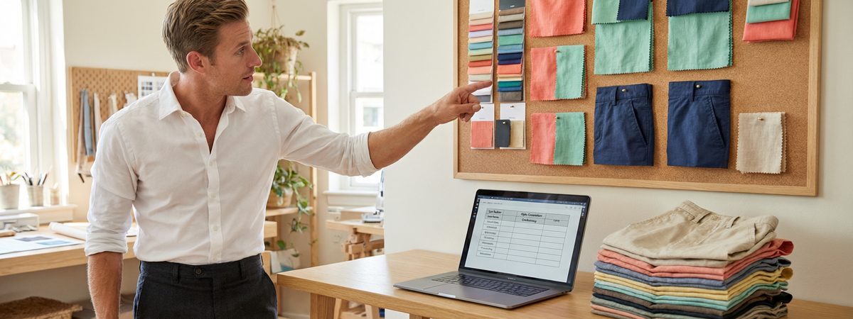 DTC brand founder pointing at a mood board with summer shorts colour chips and fabric swatches pinned, laptop showing a product line sheet and folded shorts samples on the desk