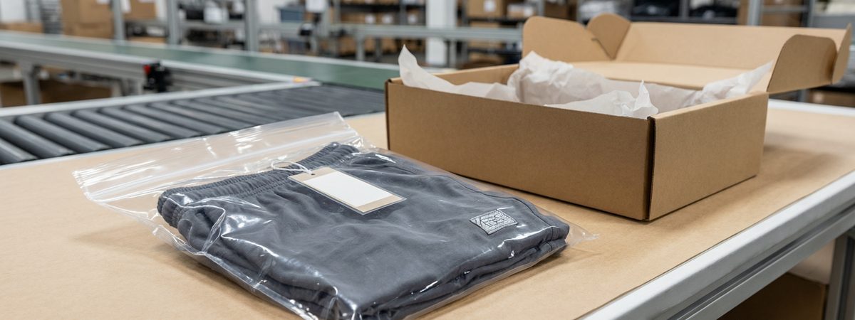 Retail-ready packaging setup with folded athletic shorts being sealed into clear polybags with hang tag and woven label, branded carton and tissue paper on a packing station