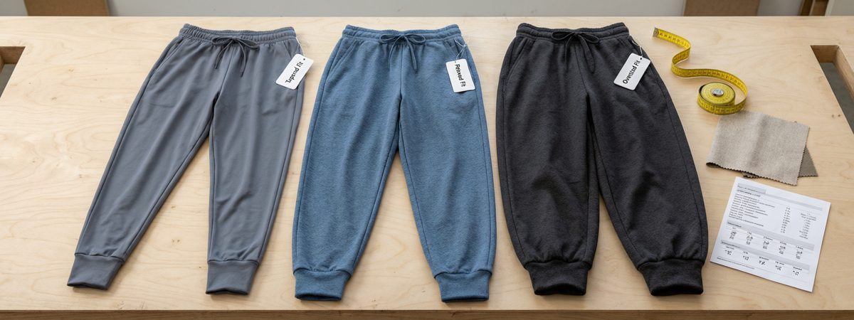Flat-lay of three joggers labelled tapered, relaxed and oversized, each showing cuff and waistband, with measuring tape, fabric swatch and printed spec sheet
