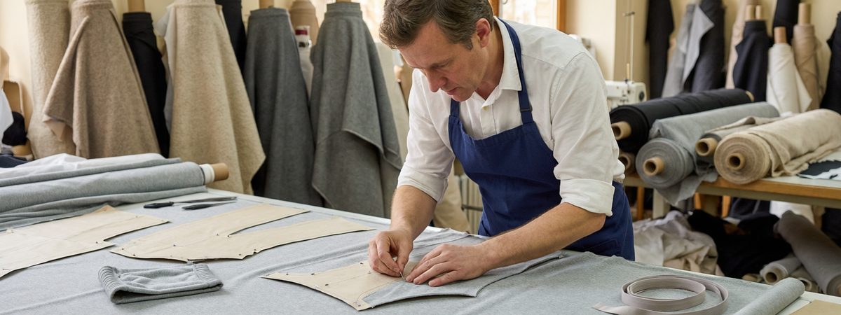 Pattern cutter pinning a jogger pattern piece and checking leg taper on a cutting table, with ribbed cuff swatch, elastic waistband and French terry and fleece rolls