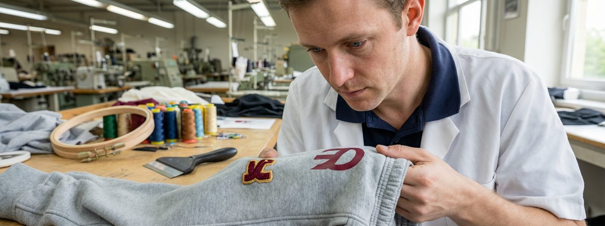 Sample room technician comparing a small embroidered logo patch and a screen-printed logo on the thigh of a heather gray jogger, with thread spools, embroidery hoop and print squeegee