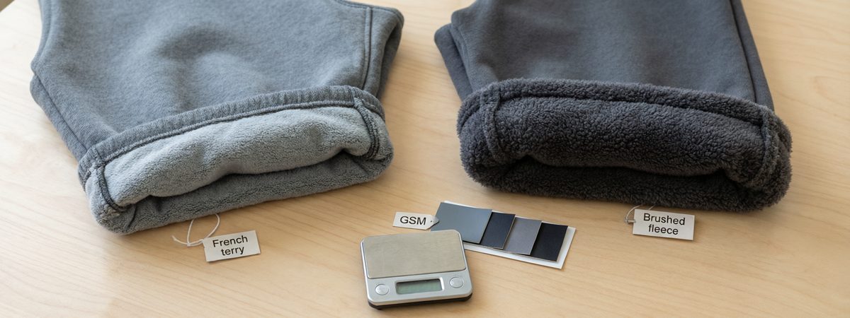 Flat-lay of two athleisure pants labelled French terry and brushed fleece, one waistband folded back to show the looped terry interior and the other the brushed nap, with GSM tag and colour swatch