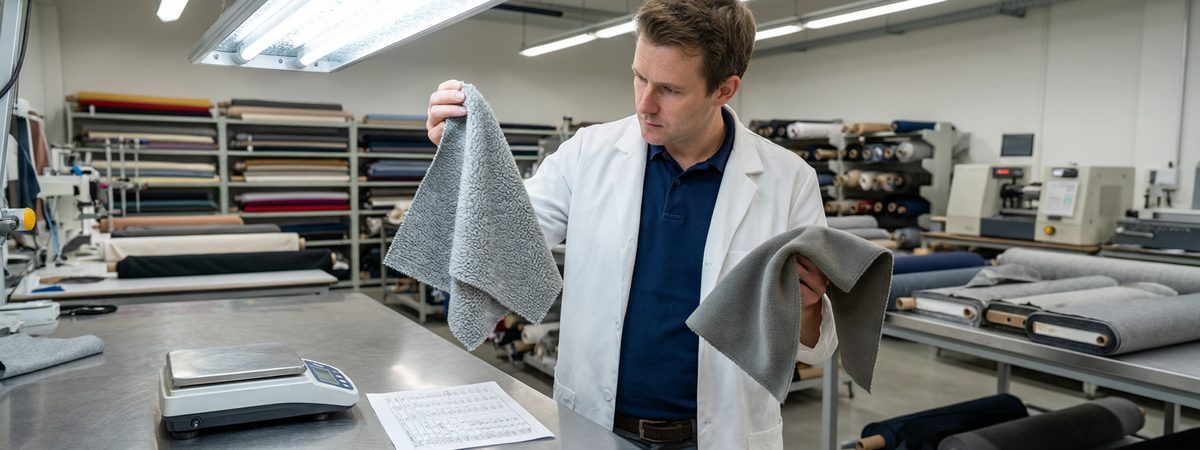 Fabric technician holding two grey swatches to the light, one French terry with visible loopback and one brushed fleece with a soft nap, GSM scale and spec sheet on the table