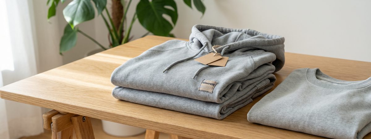 Coordinated athleisure set with a folded heather gray hoodie and matching joggers stacked with woven label and hang tag, folded crewneck beside, soft lifestyle styling