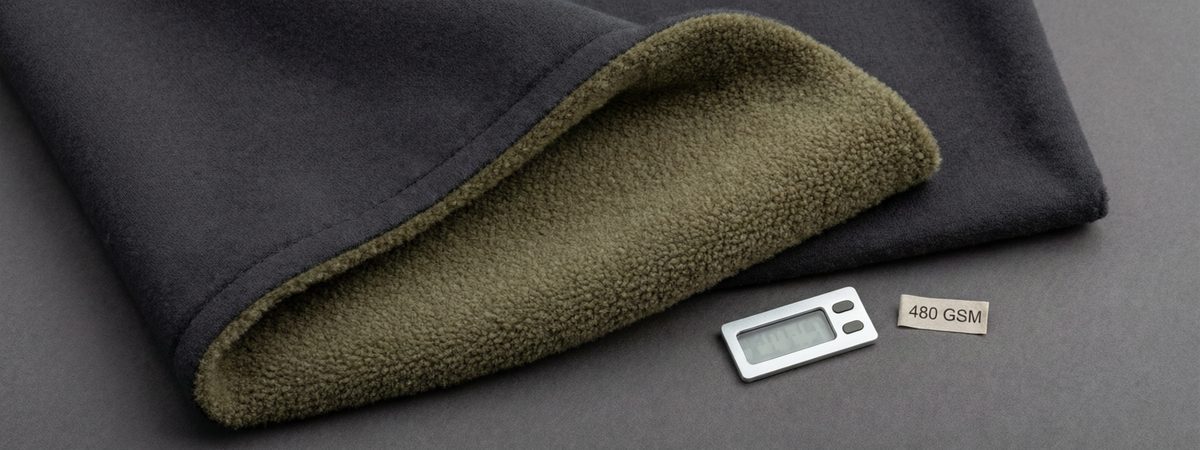 Heavyweight cotton fleece fabric swatches in charcoal and olive with loopback interior folded back to show the brushed nap