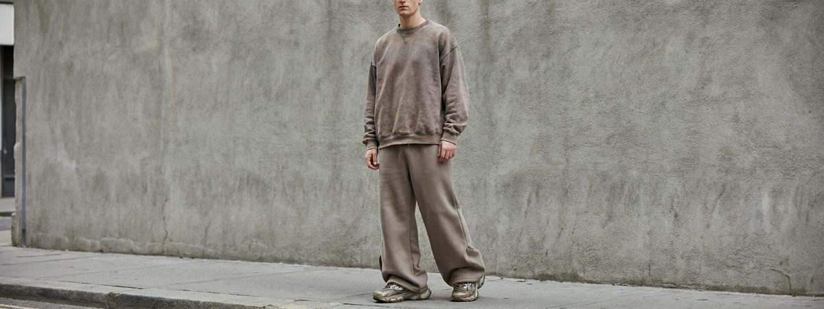 Wide-leg open-hem sweatpants with stacked silhouette pooling over sneakers in an urban streetwear setting