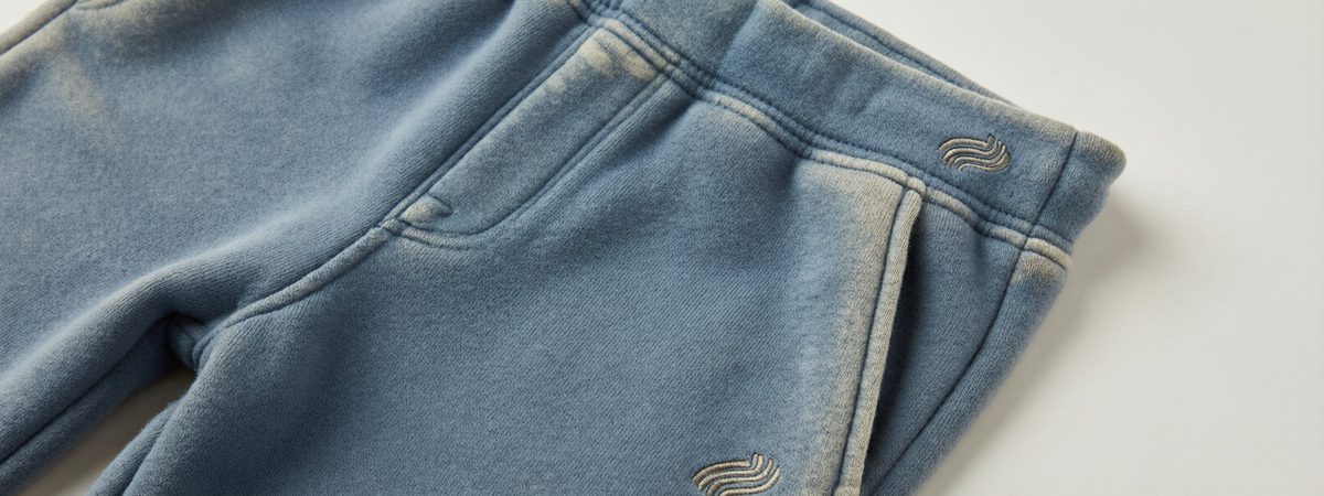 Garment-dyed washed fleece sweatpants with a small embroidered logo tag at the hip and a tonal mark at the lower leg