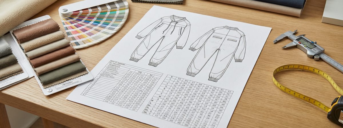 Tech pack document with front-and-back technical flat, spec sheet, fabric swatches and a Pantone card on a designer's desk