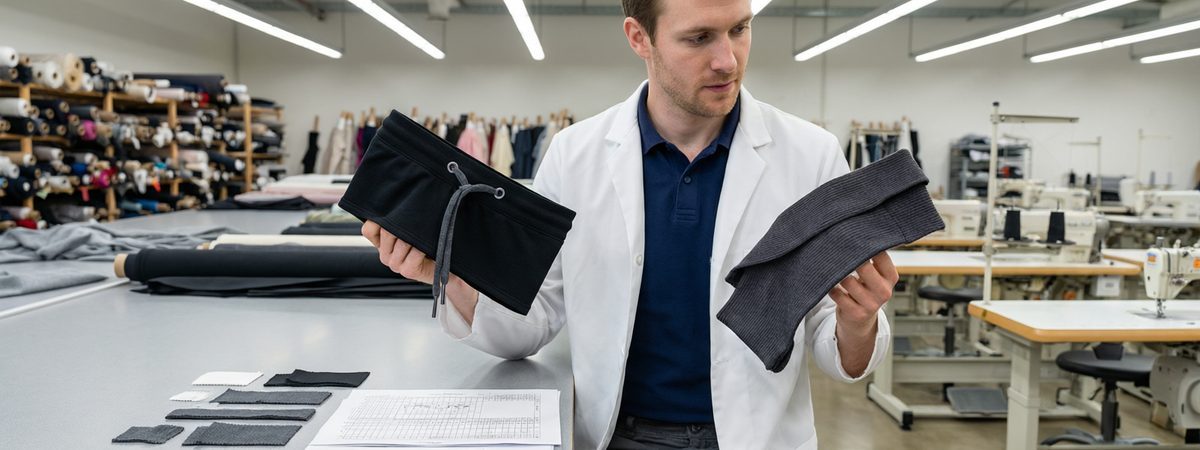 Fabric technician comparing an encased elastic waistband and a rib-knit waistband sample side by side