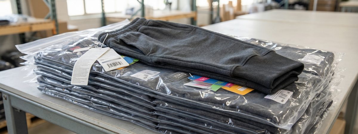 Folded custom joggers individually polybagged with woven labels, hang tags and size stickers, ready for bulk packing