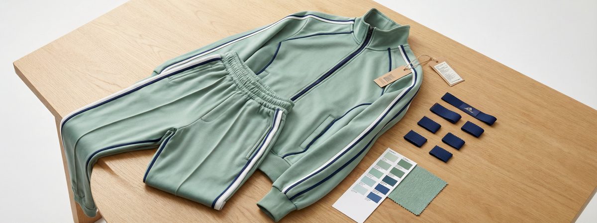 Coordinated tracksuit set laid flat with a side stripe, contrast tape swatches and a Pantone card
