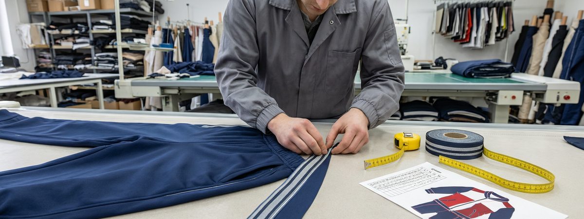 Fabric technician measuring a side-stripe tape against a tracksuit leg panel with a size roster on the table