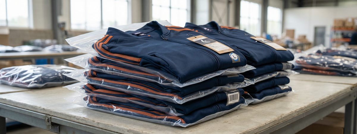 Folded matching tracksuit sets individually polybagged with woven labels, hang tags, size stickers and barcode tags