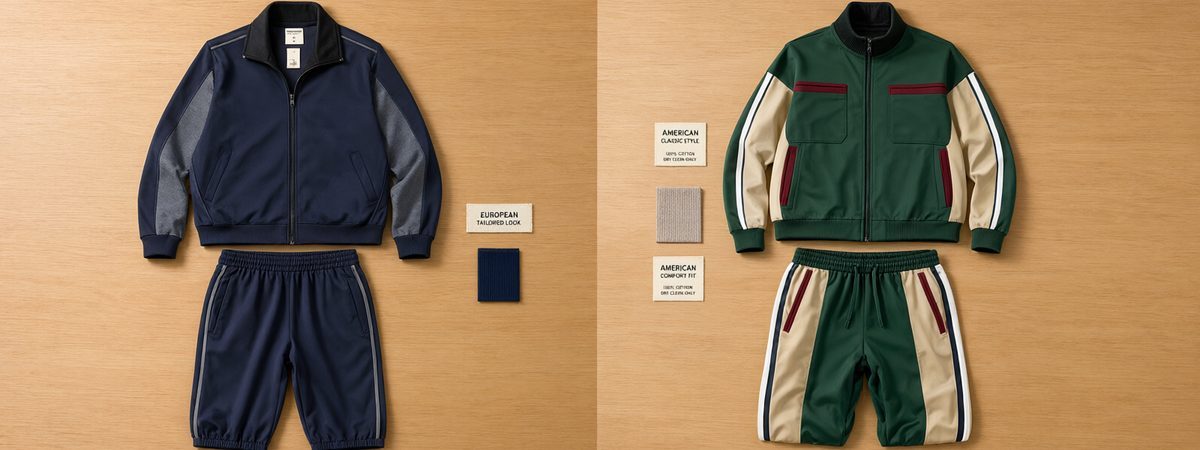 Side-by-side flat lay of a slim European tracksuit and a loose vintage American tracksuit with colour-block panels and side stripe