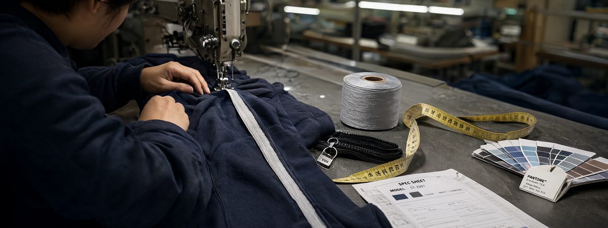 Technician inserting a contrast side-stripe tape into a tracksuit leg seam with a YKK zipper and Pantone card on the table