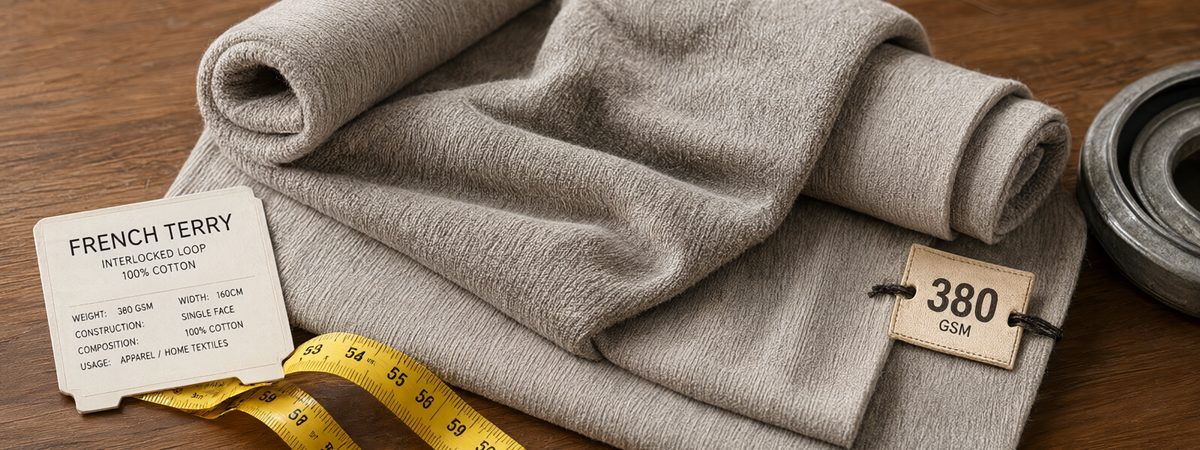 Folded French terry fabric showing the smooth jersey face and soft loopback reverse with a 380 GSM weight label