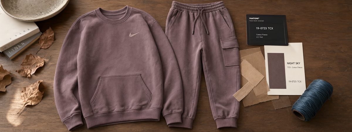 Flat-lay of a coordinated French terry crewneck and jogger set with matching rib cuffs, drawcord and a Pantone card