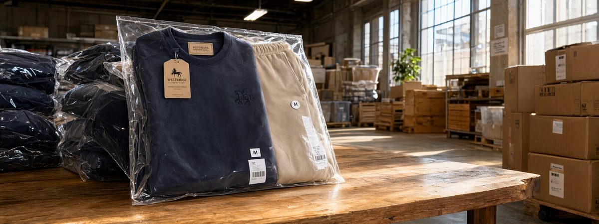 Folded French terry sweatsuit sets individually polybagged with woven labels, hang tags, size stickers and barcode tags