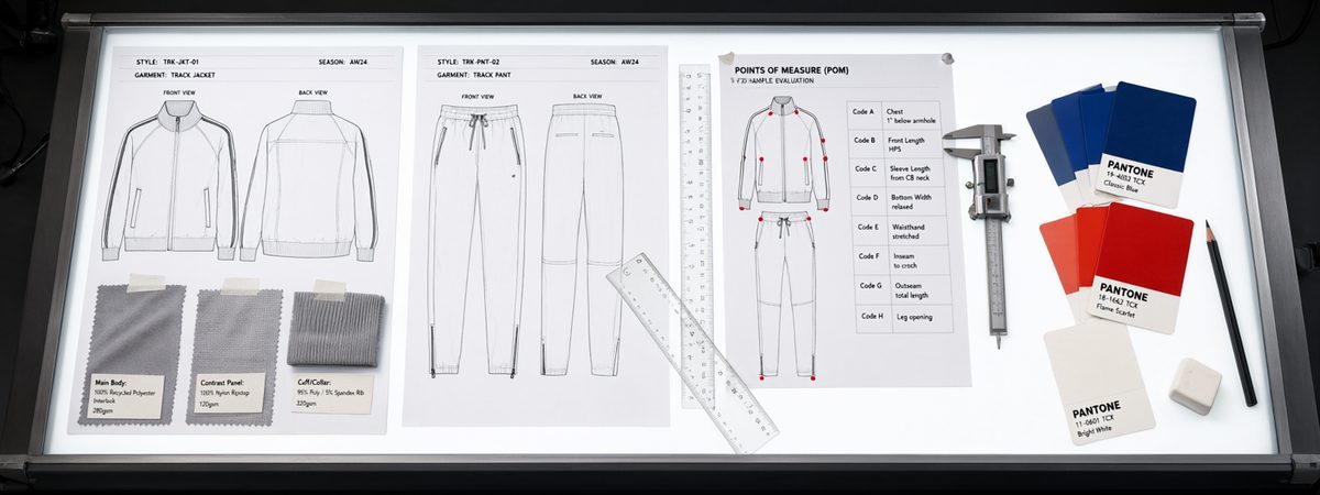 Tech pack with technical flat sketches of a track jacket and pant, a points-of-measure chart, Pantone card and fabric swatches