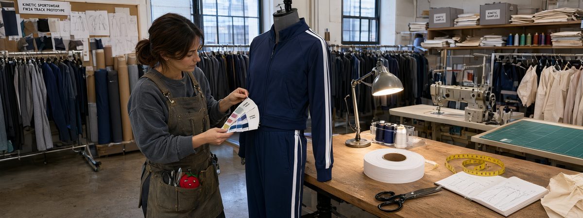 Technician pinning a matching track jacket and pant on a dress form, checking colour and side-stripe alignment with a Pantone card