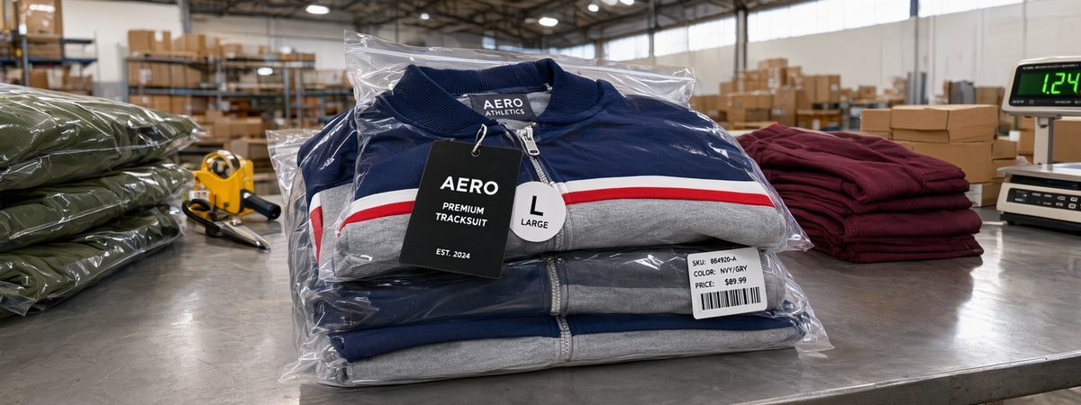 Folded coordinated tracksuit sets individually polybagged with woven labels, hang tags, size stickers and barcode tags