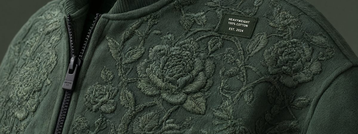 Close-up of an embroidered floral motif on the chest of a heavyweight cotton track jacket, matte fabric texture in muted green