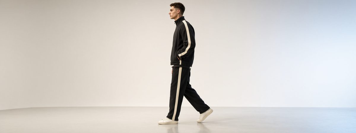 Side view of a model in a matching tracksuit with a bold contrast stripe running from shoulder to ankle down the sleeve and outer leg