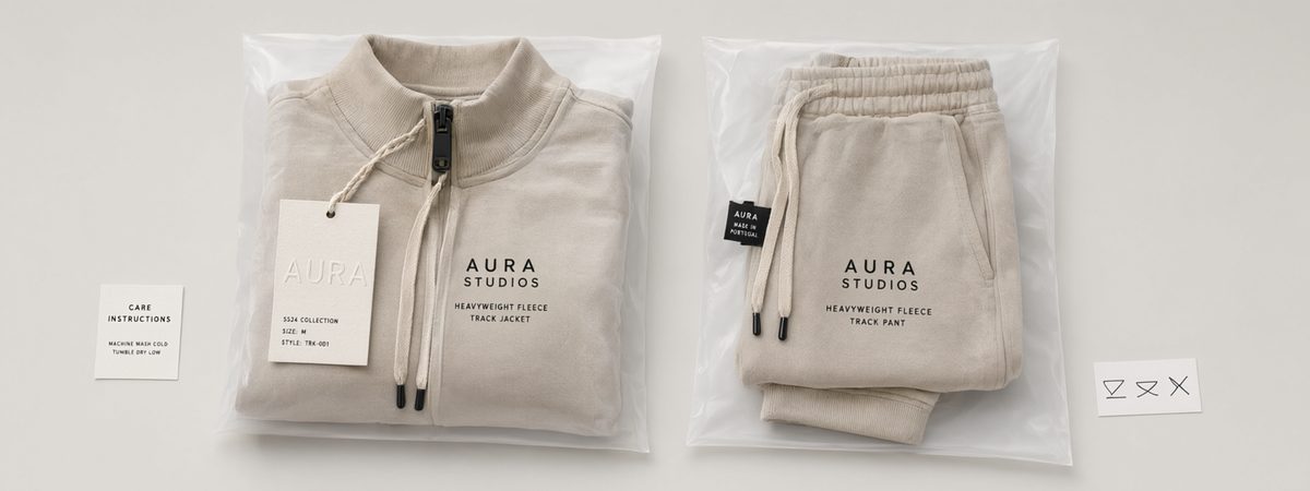 Folded streetwear tracksuit set in branded polybag with a hang tag, woven label, size sticker and barcode on a clean light surface