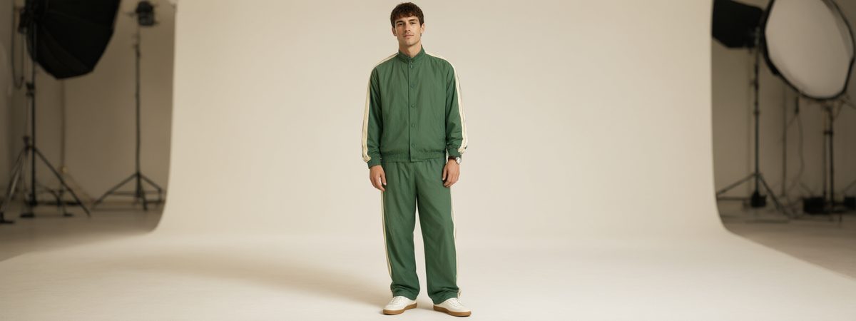 Full-body studio shot of a model in a relaxed-fit heritage nylon warm-up suit with snap-front jacket and matching pants in muted forest green with a cream side stripe