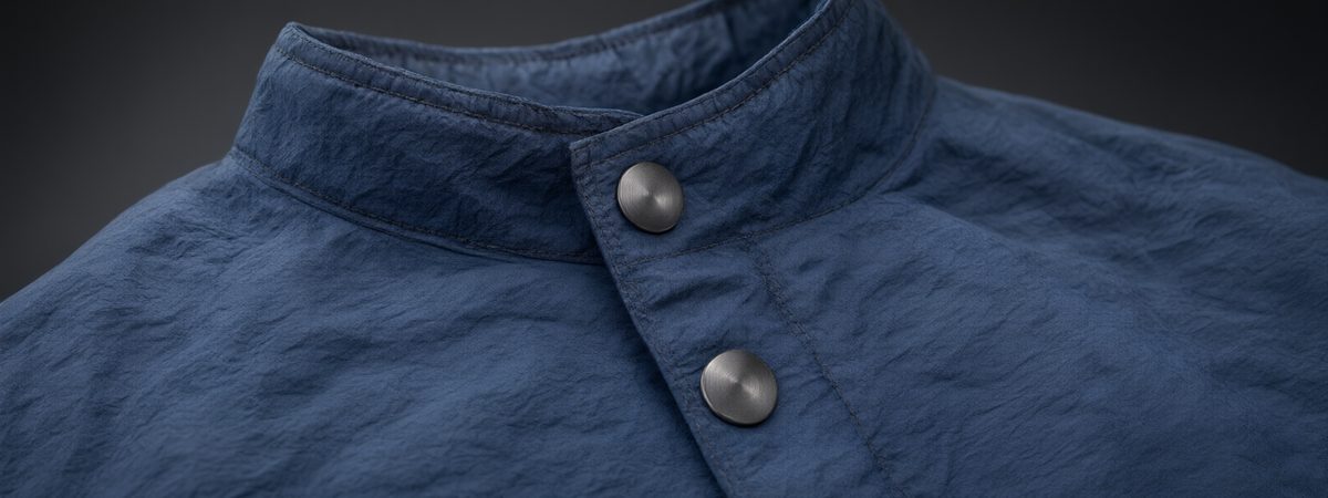 Close-up of crinkle nylon track jacket fabric showing the textured wrinkled surface and matte sheen, with snap buttons and a stand collar