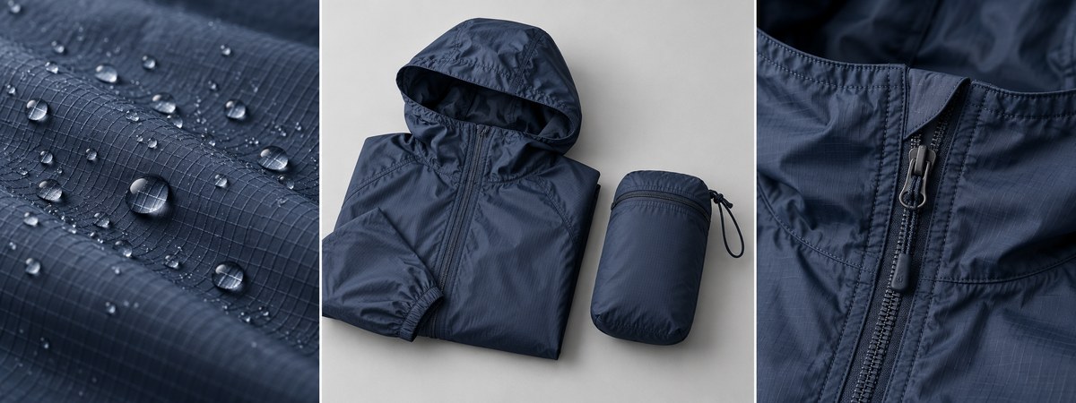 Illustrative windbreaker details showing water beading on ripstop, pocket packing and a front coil zipper