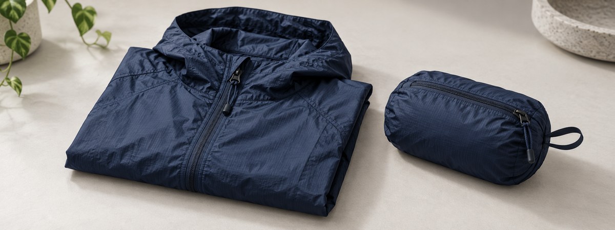 Illustrative folded navy windbreaker beside a compact zipped packing pouch