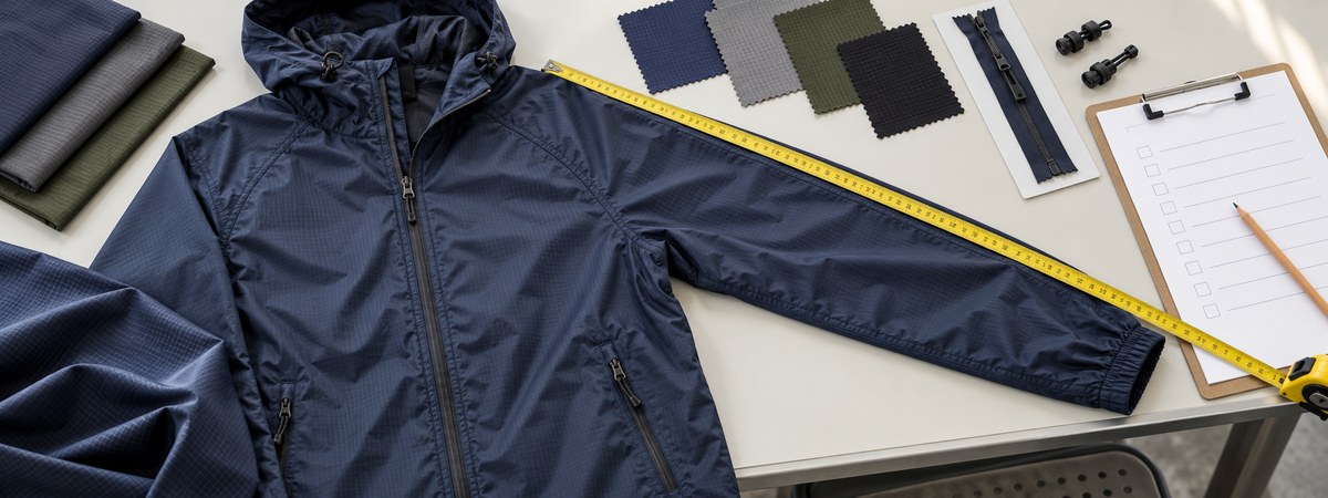 Illustrative windbreaker sample inspection setup with a tape measure, fabric swatches and zipper trim