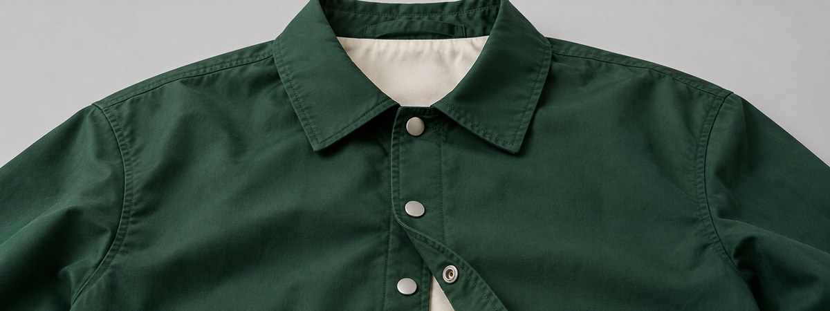 Green coach jacket turn-down collar and reinforced snap-front detail