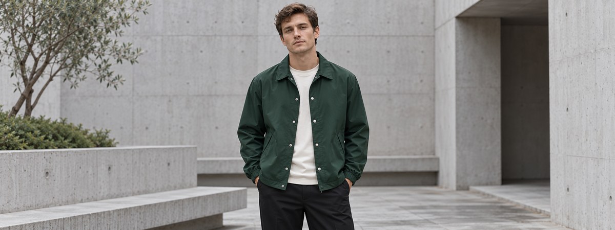 European male model wearing a relaxed forest-green snap-front coach jacket