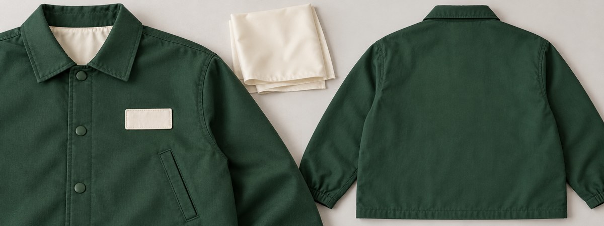 Coach jacket chest patch placement and open back panel for graphic development