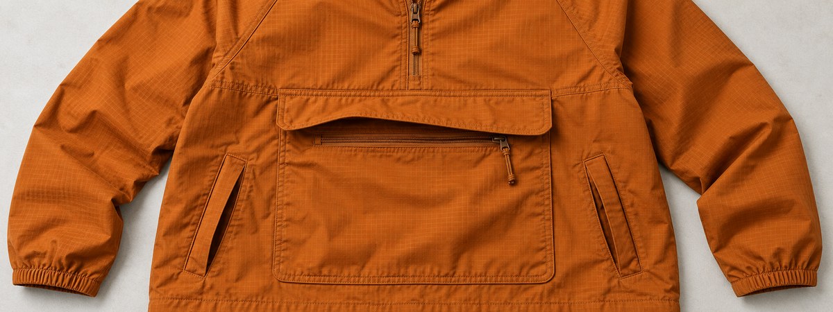 Ripstop anorak front utility pocket, protective flap and separate hand entries