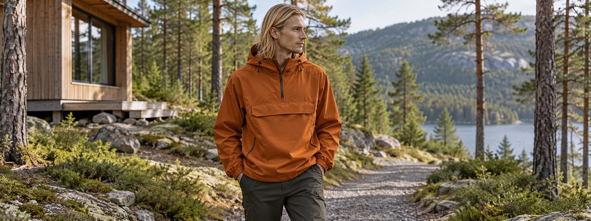 Long-haired blond European male wearing an ochre half-zip anorak near a timber cabin