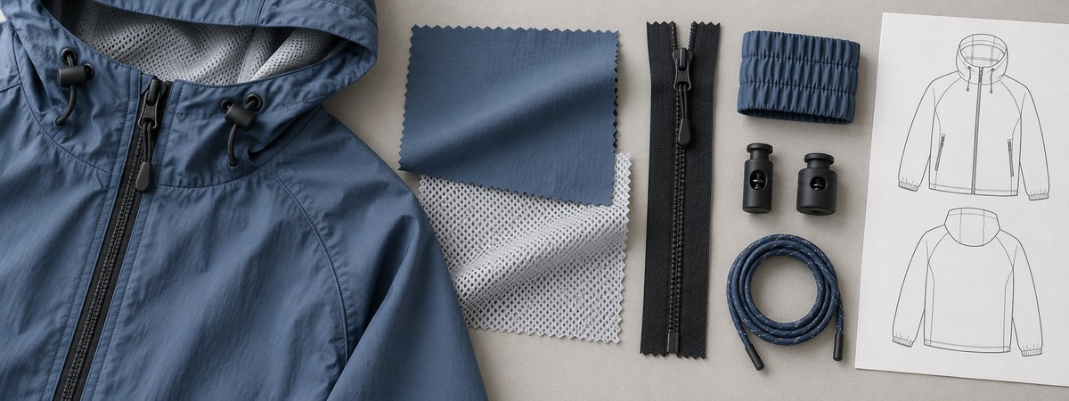 Light jacket shell, lining and zipper references arranged with garment technical drawings