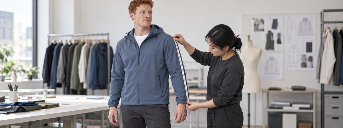 European fit model in a slate-blue jacket with a Chinese garment technician checking sleeve length