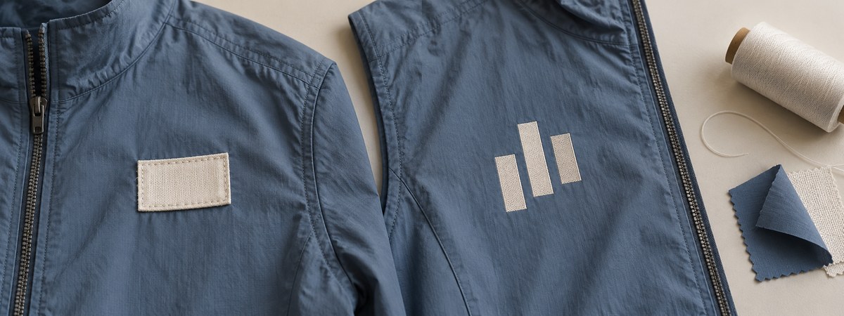 Slate-blue jacket panels showing chest patch and print placement trials
