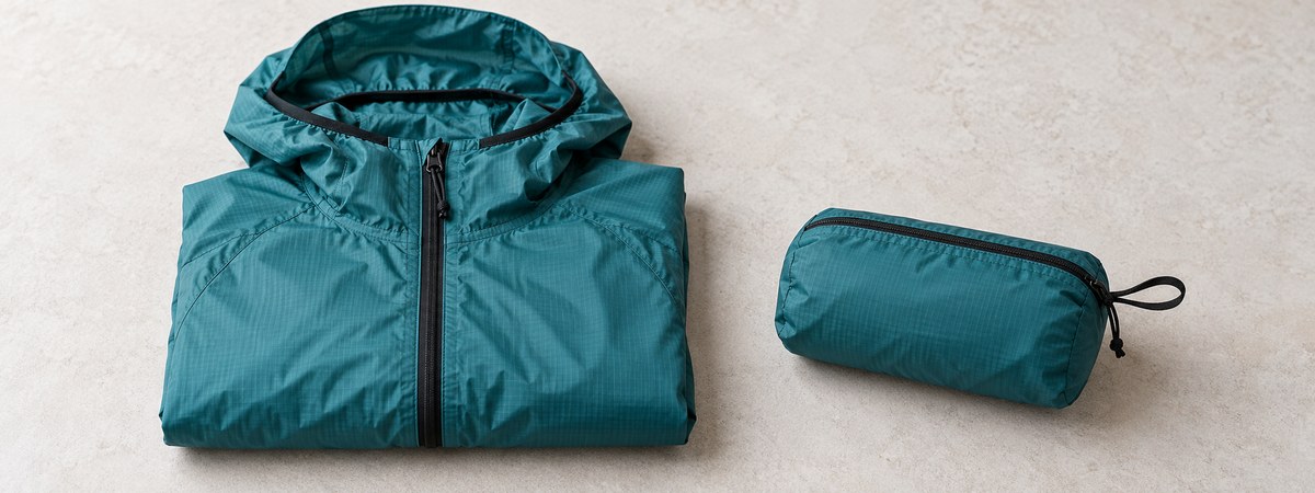 Teal lightweight trail jacket folded beside a compact storage pouch